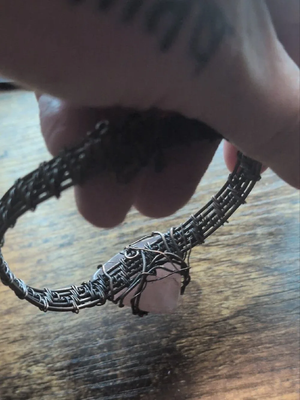 Handcrafted Rose Quartz Wire-Wrap Bracelet - Pink